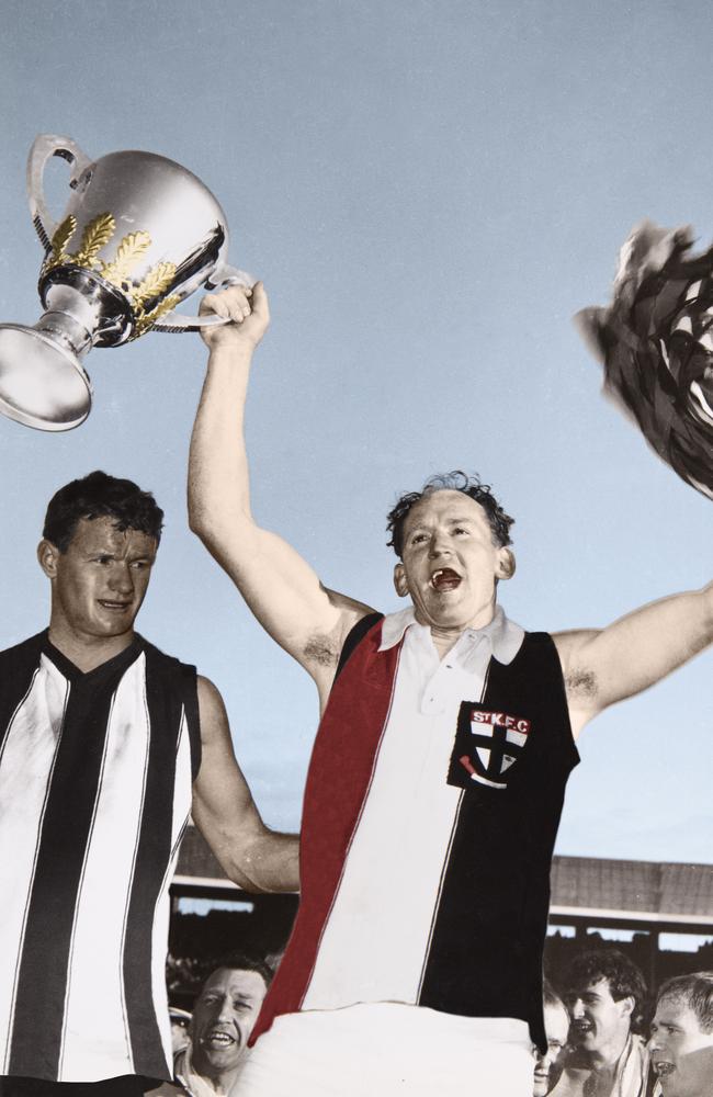 A digitally altered image of Baldock in a St Kilda jumper holding the 1966 premiership cup for a new book celebrating the Saints’ only flag triumph. Picture from “Celebrating 50 Years. 1966-2016. The Archive Collection”, which can be bought at stkilda.iconseriescollections.com or by calling 1800 736 096