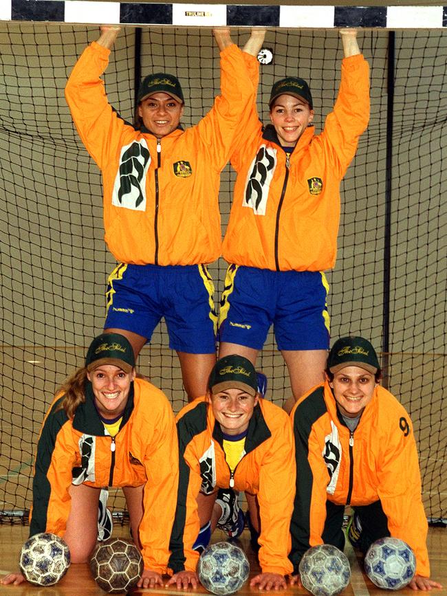 Australian women's handball team members. (L-r top) handballer Raelene Boulton and Gitte Schroeder. (L-r bottom) Shelley Ormes, Sarah Hammond and Vera Ignjatovic.