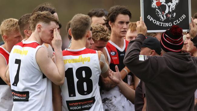 Watsonia players listen to coach George Lattouf. Picture: Stuart Milligan