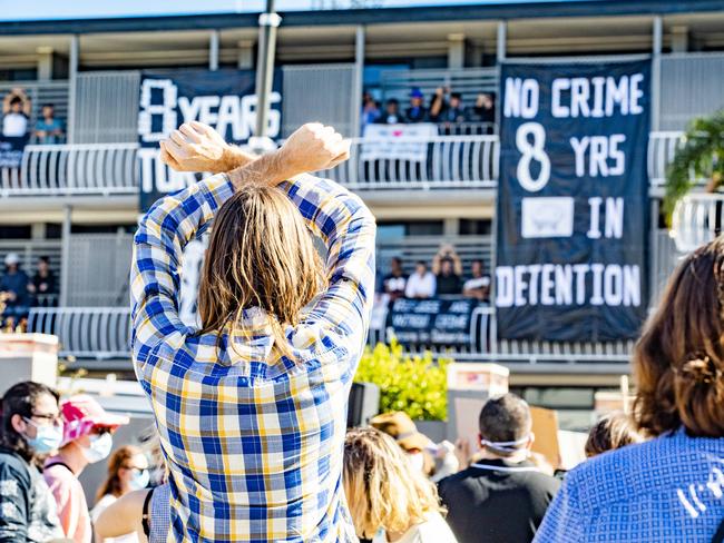 Refugee protest at Central Hotel and Apartments, Kangaroo Point, Sunday, July 19, 2020 - Picture: Richard Walker