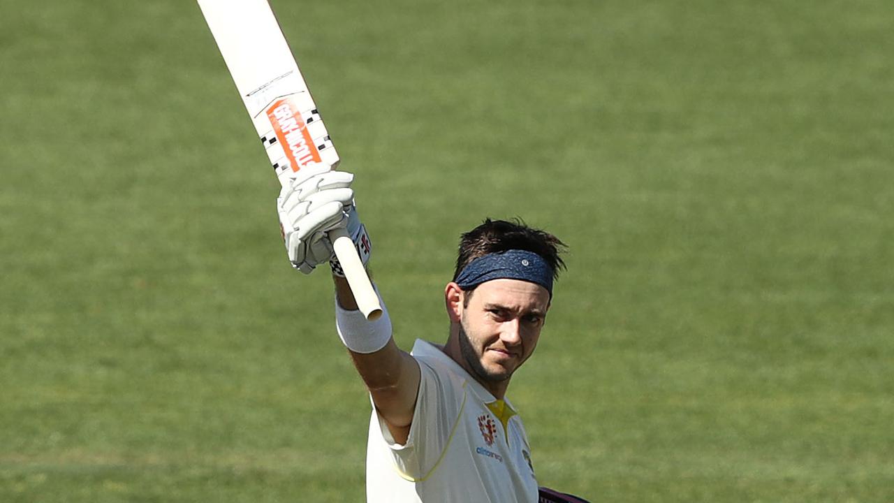  Kurtis Patterson celebrates scoring his century during day three. Photo: Robert Cianflone/Getty Images.