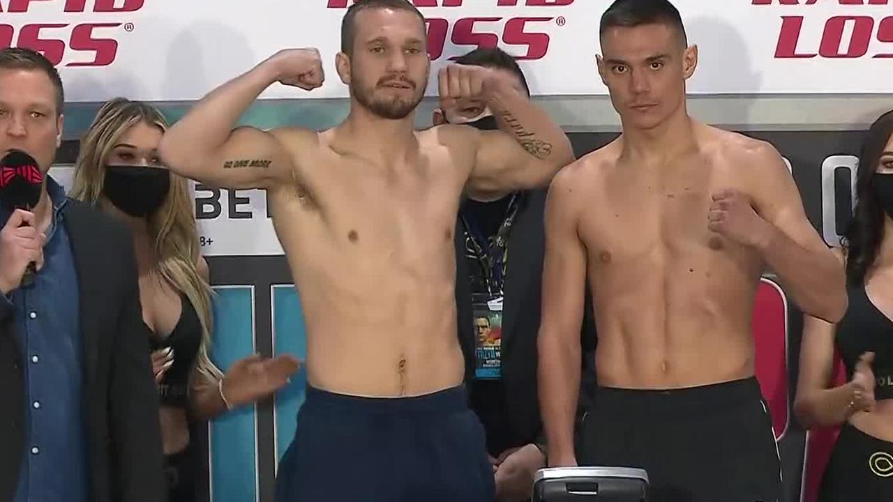 Tim Tszyu and Stevie Spark at the weigh-in.