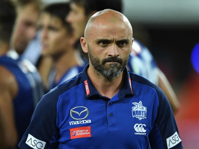 GOLD COAST, AUSTRALIA - SEPTEMBER 05: Senior coach Rhyce Shaw of the Kangaroos looks on during the round 16 AFL match between the North Melbourne Kangaroos and the Port Adelaide Power at Metricon Stadium on September 05, 2020 in Gold Coast, Australia. (Photo by Matt Roberts/AFL Photos/via Getty Images)