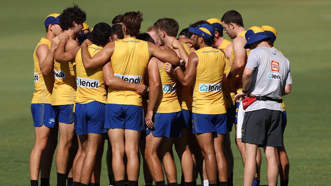 West Coast Eagles players huddle. Picture: Paul Kane