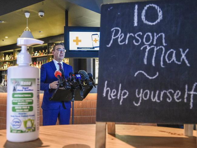 Premier, Stephen Marshall speaks to the media at the Alma Tavern. Picture: Roy Van Der Vegt