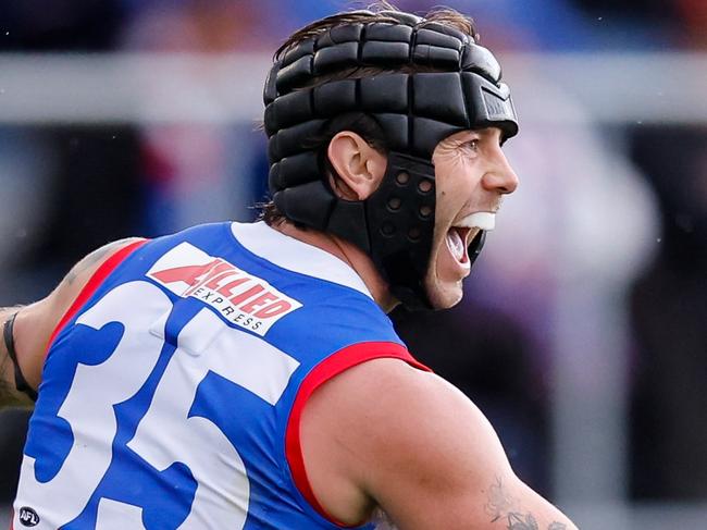 BALLARAT, AUSTRALIA - AUGUST 25: Caleb Daniel of the Bulldogs celebrates a goal during the 2024 AFL Round 24 match between the Western Bulldogs and the GWS GIANTS at Mars Stadium on August 25, 2024 in Ballarat, Australia. (Photo by Dylan Burns/AFL Photos via Getty Images)