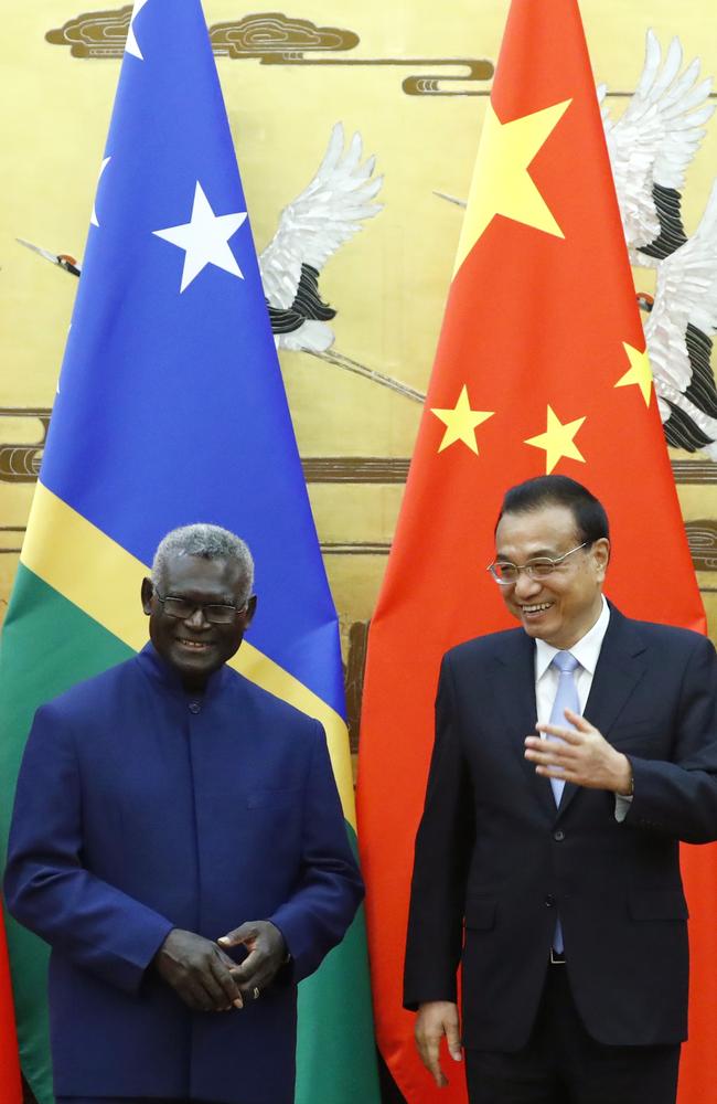 Solomon Islands Prime Minister Manasseh Sogavare and Chinese Premier Li Keqiangin Beijing, China, in 2019. Picture: Thomas Peter-Pool/Getty Images