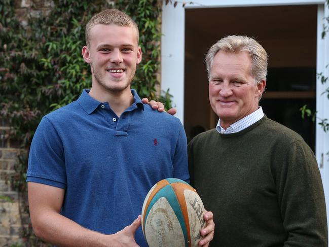 EXCLUSIVE NEWS360 PREMIUM LOCKED CONTENTNO NEWS.COM, NO SKY, NO WEST AUSTRALIAN, NO AUSTRALIAN Former Australian rugby captain Michael Lynagh (L) with his son Louis Lynagh,18, in Richmond, U.K., on Wednesday, Sept. 11, 2019. Michael has revealed his son is still a slim chance to play for Australia. Hollie Adams/News Corp Australia