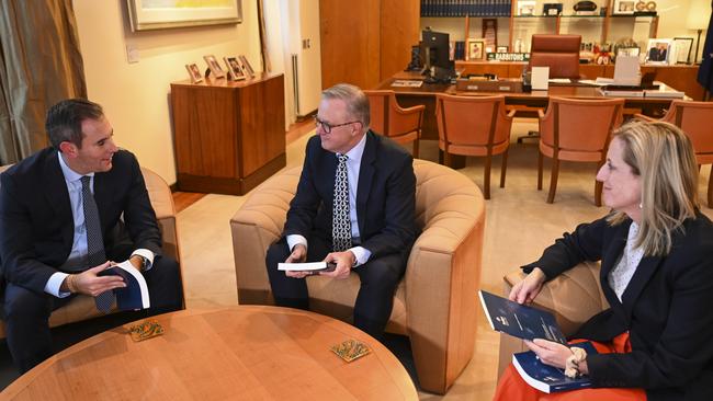 Prime Minister Anthony Albanese, Treasurer Jim Chalmers and Finance Minister Katy Gallagher in the PM's office ahead of last year’s federal budget. Picture: Martin Ollman/NCA NewsWire