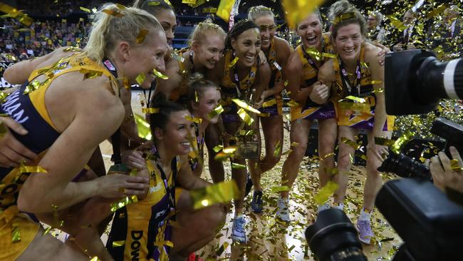 The Sunshine Coast Lightning celebrate winning the inaugural Super Netball grand final in 2017. Picture: Peter Wallis