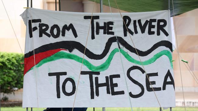 From the River to the Sea sign at Pro-Palestine camp, UQ Campus St. Lucia. Picture: Liam Kidston