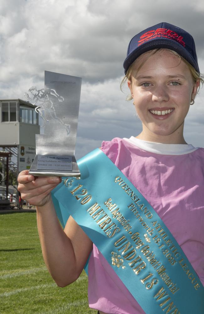 Amara Clemens wins the Greg Gabbett Youths Under 18 Boys and Girls 120 metres. The Arthur Postle Gift in Pittsworth. Saturday 18th January, 2025. Picture: Nev Madsen.