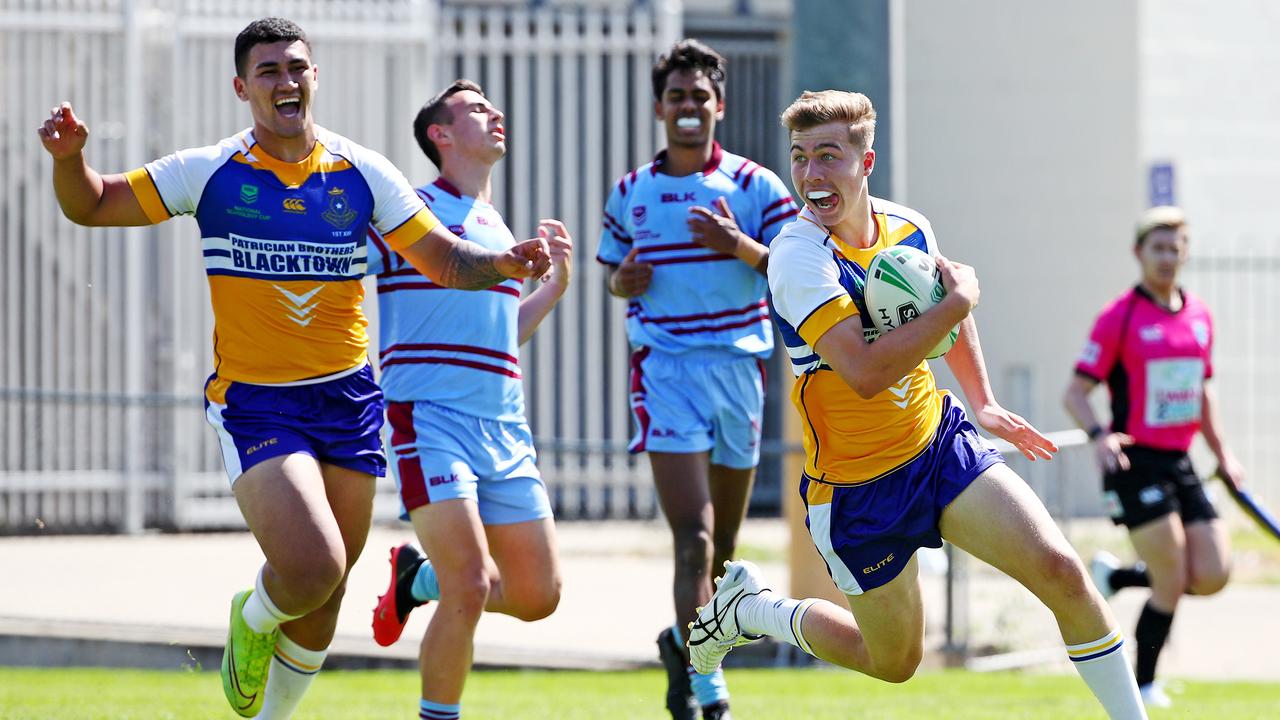 Patrician Bros Ethan Sanders scores a try in the Patrician Bro's 52-22 win. Picture: Toby Zerna