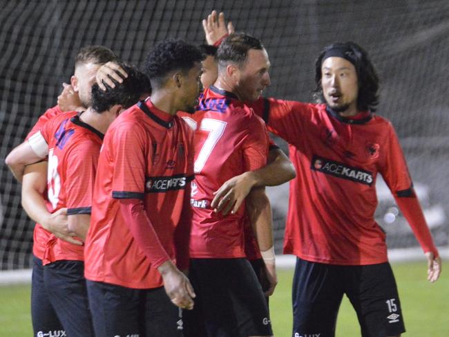 North Sunshine Eagles celebrate a goal. Picture: Lee Roci