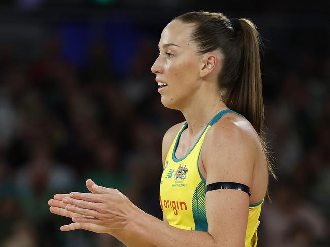 MELBOURNE, AUSTRALIA - OCTOBER 12: Cara Koenen of Australia reacts during game one of the 2023 Constellation Cup series between Australia Diamonds and New Zealand Silver Ferns at John Cain Arena on October 12, 2023 in Melbourne, Australia. (Photo by Daniel Pockett/Getty Images)