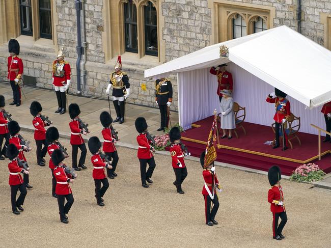 Queen Elizabeth II during a ceremony at Windsor Castle in Berkshire to mark her official birthday. Picture: WPA Pool/Getty Images