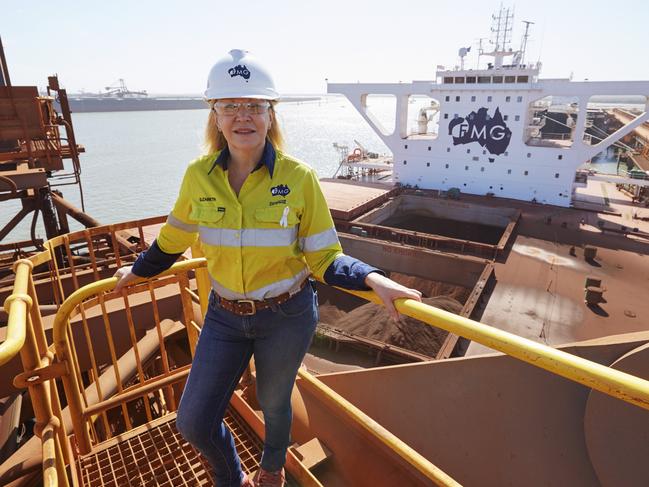 Fortescue Metals Group chief executive Elizabeth Gaines atop a shiploader at the iron ore miner’s Port Hedland facilities