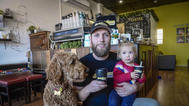 Sublime Coffee Roasters was voted the best coffee in the west. Sam Mckay with his daughter Bethany 2 and dog Pilot. 21st June 2018. AAP Roy VanDerVegt