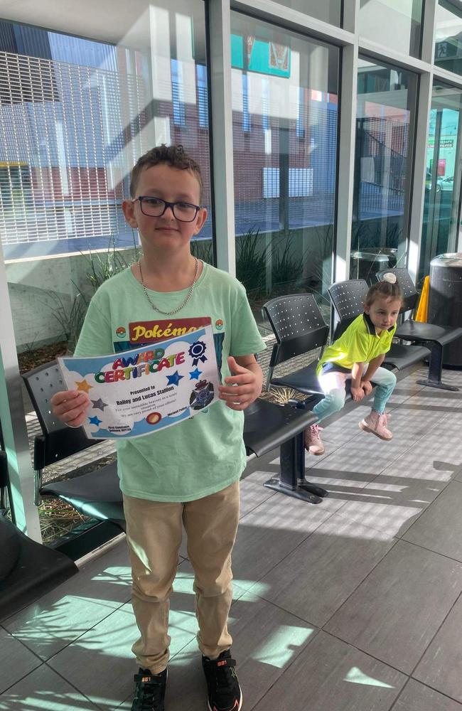 Ms Ralston's 10-year-old son Bailey was excited to receive his bravery award from the Morwell police station. Picture: Supplied/Brittany Ralston