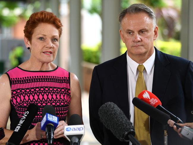 One Nation Party leader Pauline Hanson (left) and One Nation candidate and state leader for NSW Mark Latham speak to the media in Sydney, Wednesday, November 7, 2018. Mark Latham is joining forces with Pauline Hanson's One Nation to chase a seat in the NSW parliament. Mr Latham, who is running as an upper house candidate, will also lead the minor party in NSW. (AAP Image/Joel Carrett) NO ARCHIVING