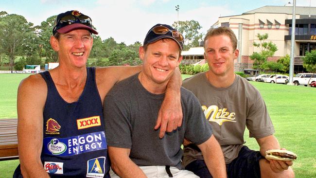 Wayne Bennett with Kevin Walters and Darren Lockyer at Red Hill in 2001. Picture: David Kapernick 