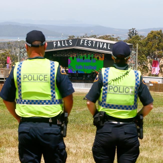 Police officers patrol Falls Festival Marion Bay. Picture: PATRICK GEE