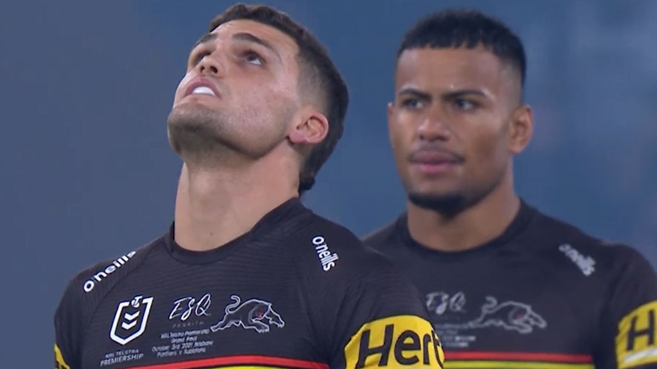 Nathan Cleary looks to the skies before the 2021 NRL grand final.