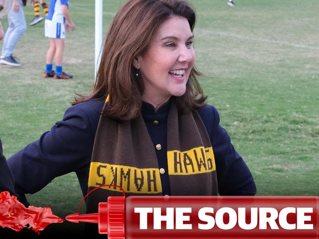 Saints supporter Jane Hume dons a Hawthorn scarf despite her loyalty to St Kilda.