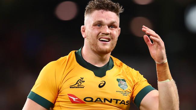 BRISBANE, AUSTRALIA - NOVEMBER 07: Lachlan Swinton of the Wallabies is sent off during the 2020 Tri-Nations match between the Australian Wallabies and the New Zealand All Blacks at Suncorp Stadium on November 07, 2020 in Brisbane, Australia. (Photo by Chris Hyde/Getty Images)