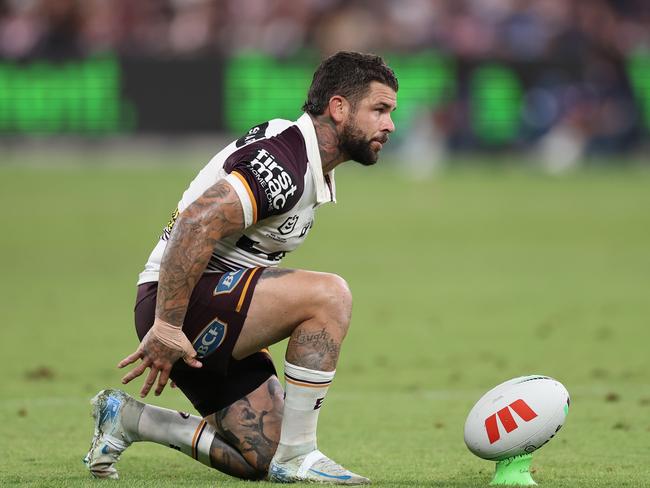 Broncos skipper Adam Reynolds lines up a conversion attempt during his side’s 50-14 win over the Roosters. Picture: Matt King/Getty Images