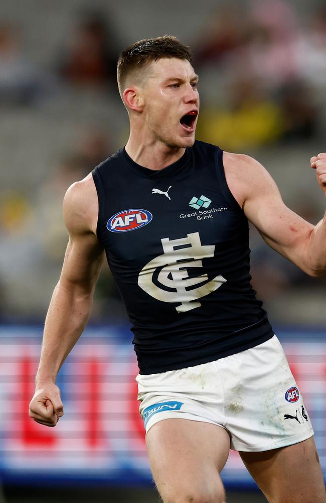 Sam Walsh played second fiddle to Patrick Cripps on Sunday but was no less damaging than his superstar teammate. Picture: Michael Willson/AFL Photos via Getty Images.