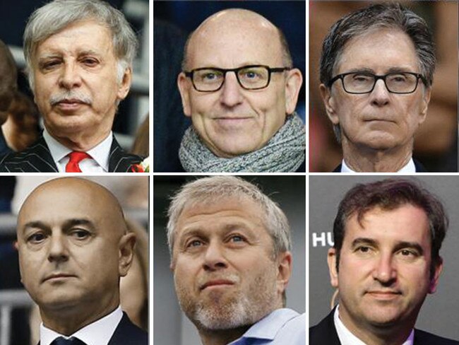 English football's big six owners: Arsenal's Stan Kroenke, Manchester United's Joel Glazer, Liverpool's John W Henry, Tottenham Hotspur's chairman Daniel Levy, Chelsea's Roman Abramovich, and Manchester City's Ferran Soriano. Oictures: Various sources / AFP