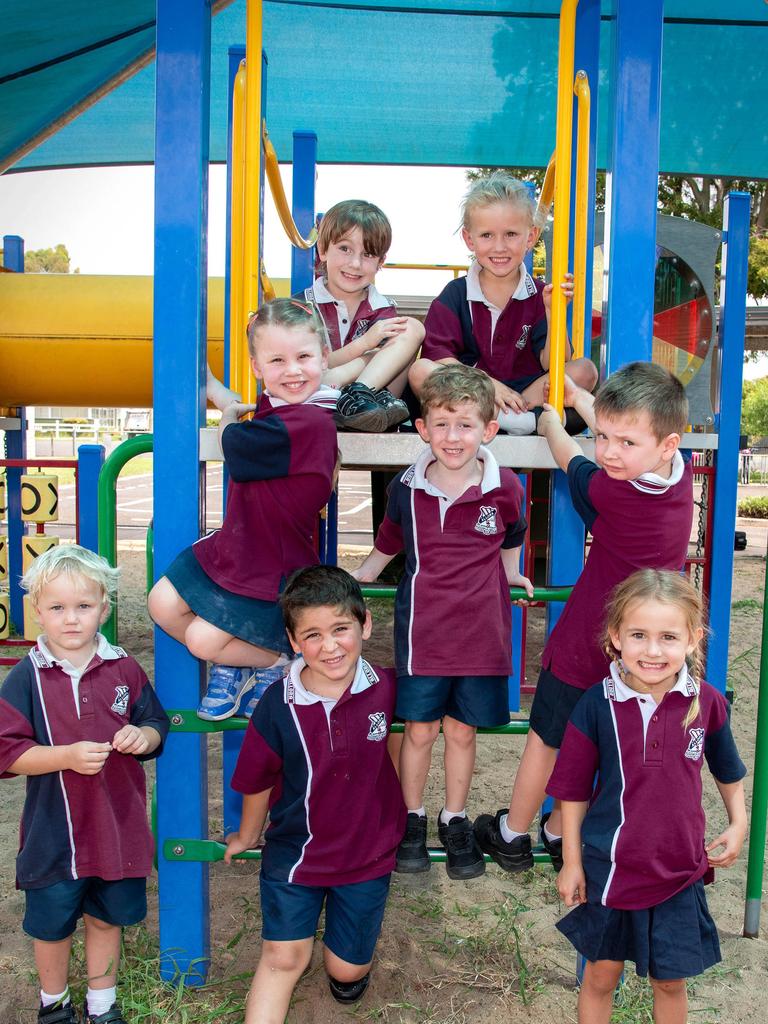 MY FIRST YEAR 2024: Allora State School Prep students (back) Fletcher and Mackenzie, (middle row, from left) Lily, Archie and Oscar and (front row, from left) Jake, Beau and Dekoda, February 2024. Picture: Bev Lacey