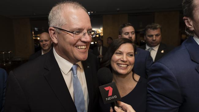 Scott Morrison at the Liberal Party reception at the Sofitel Wentworth Hotel after winning the election. Picture: Brook Mitchell/Getty Images