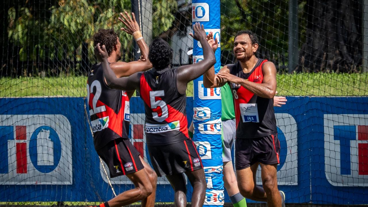 Cyril Rioli celebrating a goal for the Jabiru Bombers Jabiru Bombers as they won their NTFL Division 1 final against the Banks Bulldogs. Picture: David Bradley / AFLNT Media