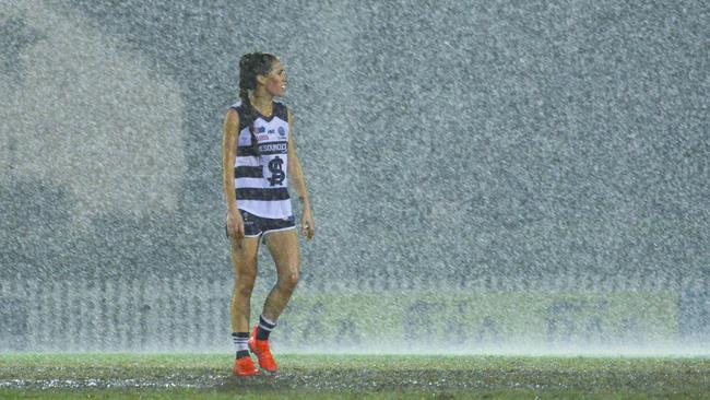 South Adelaide's Cheyenne Hammond in the rain during the 2019 SANFLW grand final at Glenelg Oval, Sunday, May 26, 2019. (Pic: AAP/Brenton Edwards)