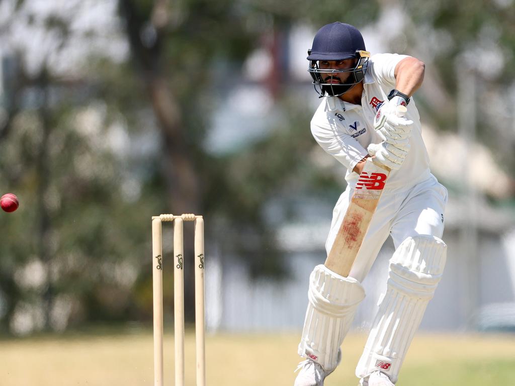 Shobit Singh at the crease during the Victorian Premier Cricket Men's Premier Firsts Round 4 match against Greenvale Kangaroos. Picture: Josh Chadwick