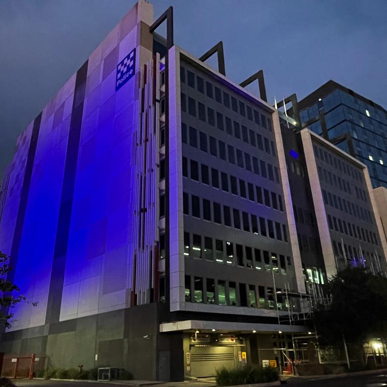 SA Police HQ on Angas St was illuminated from 8pm to 12 midnight on Monday night and will be lit up through to Friday. Picture: SA Police