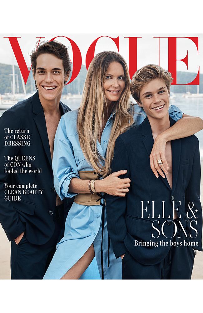 Elle and her sons, Flynn and Cy, in Australian Vogue, August 2019