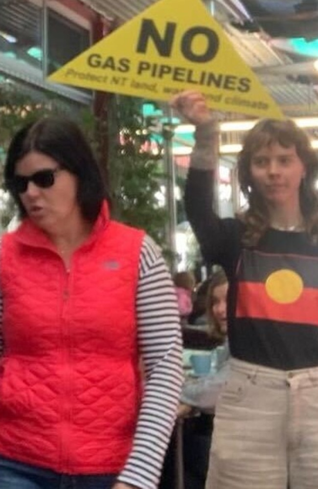 Central Australian Frack Free Alliance protesters voiced their concerns against fracking next to Chief Minister Natasha Fyles in Alice Springs over the weekend. Picture: CAFFA