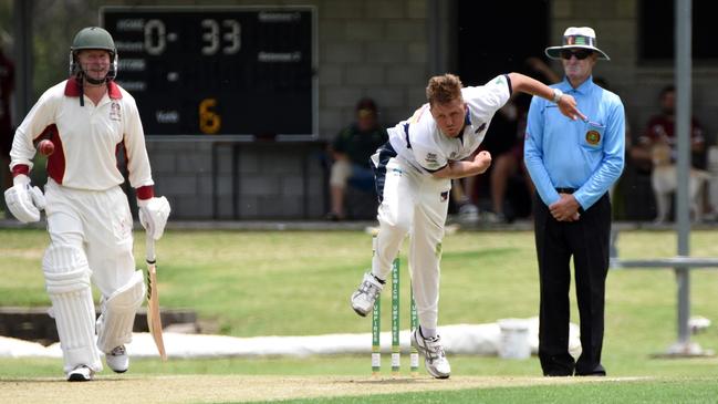 Laidley fast bowler Liam Dean fires away in last season’s Harding-Madsen Shield Ipswich one-day grand final. Picture: Gary Reid