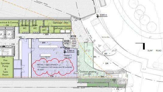 A plan for the ground floor of the proposed cafe to be built as part of a "shop-top" redevelopment on Whale Beach Rd, Whale Beach. The eatery, fronting Surf Rd, will have room for 170 patrons. Picture: Richard Cole Architecture