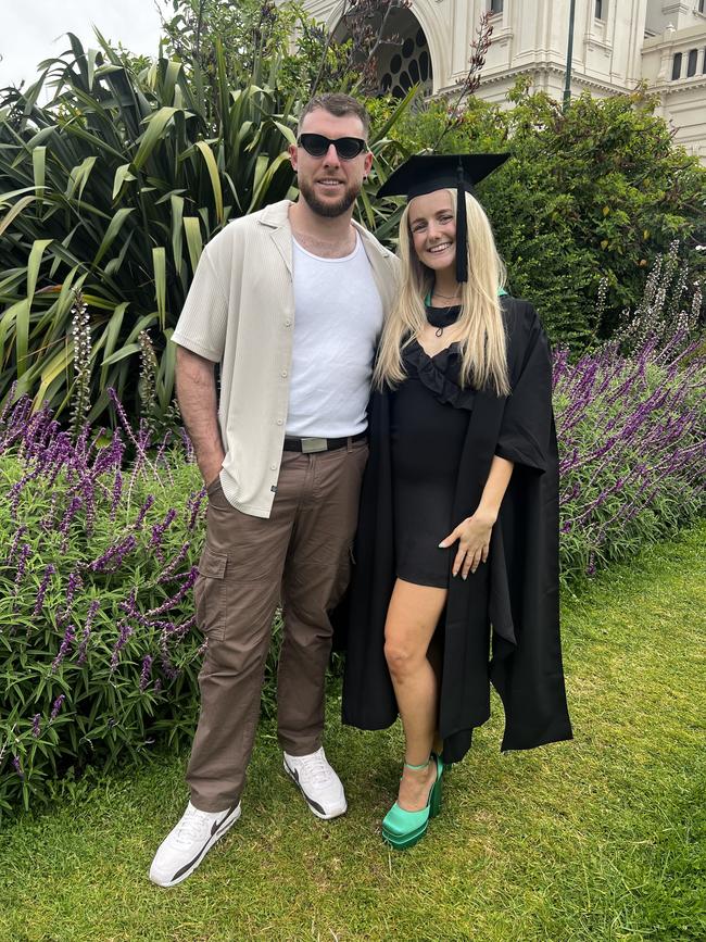 Conor Casey and Shelby Greenslade (Master of Applied Positive Psychology) at the University of Melbourne graduations held at the Royal Exhibition Building on Saturday, December 14, 2024. Picture: Jack Colantuono