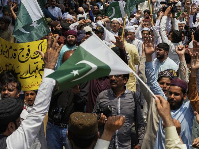 Supporters of a religious group 'Tahafuz-e-Namoos-e-Risalat Mahaz' take part in a rally to condemn Indian strikes in Pakistan and to show their support with Pakistan Army, in Lahore, Pakistan, Saturday, May 10, 2025. Picture: AP Photo/K.M. Chaudary.