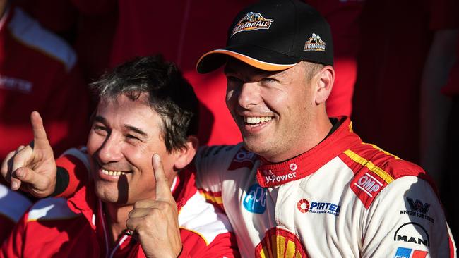 Scott McLaughlin and engineer Ludo Lacroix celebrate pole position for the Bathurst 1000.