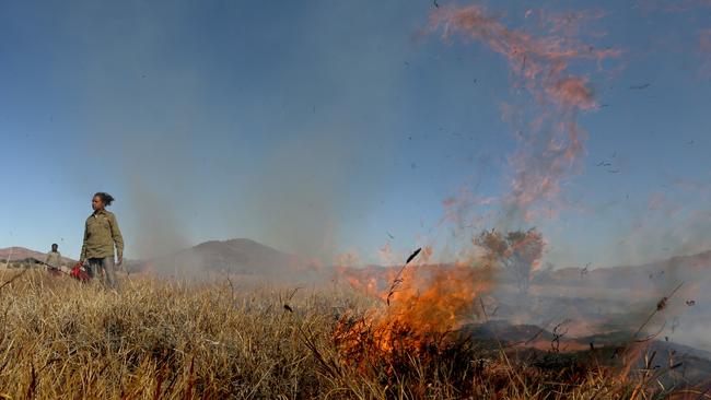 Warru ranger Elisha Roesch back burns near the community of Ernabella, SA to control Buffel grass. Buffel grass is recognised in South Australia as one of the greatest pest threats to arid rangelands.