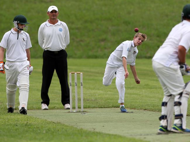 Conner Colbran bowling during the under 15 Div 2 Junior cricket grand final between Cobbitty Narellan (batting) v Collegians at Stromferry Oval, St Andrews. Picture: Jonathan Ng