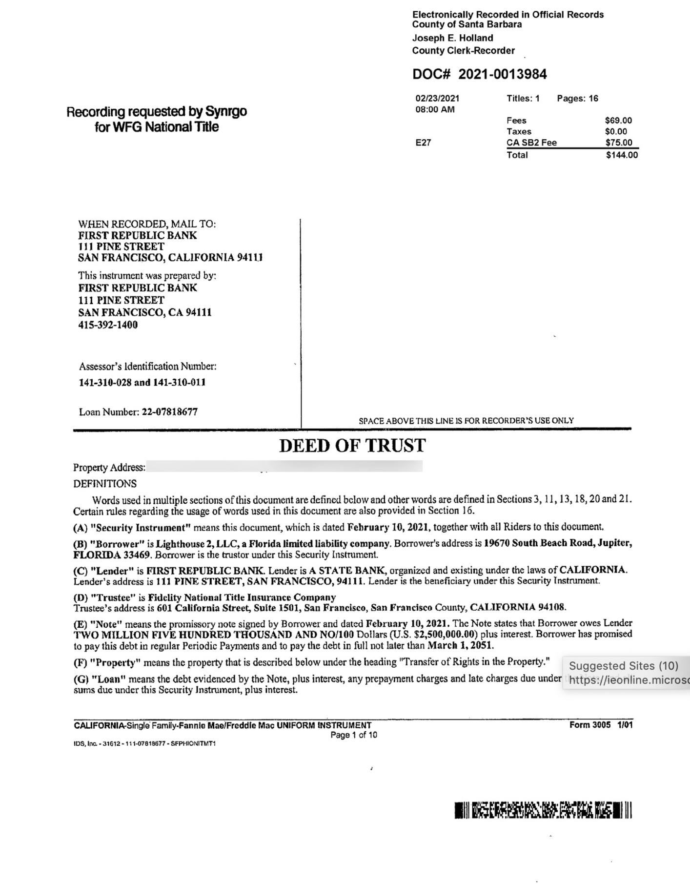 Olivia transferred ownership of her ranch to husband John Easterling, who refinanced the mortgage with $2.5m left on the home.