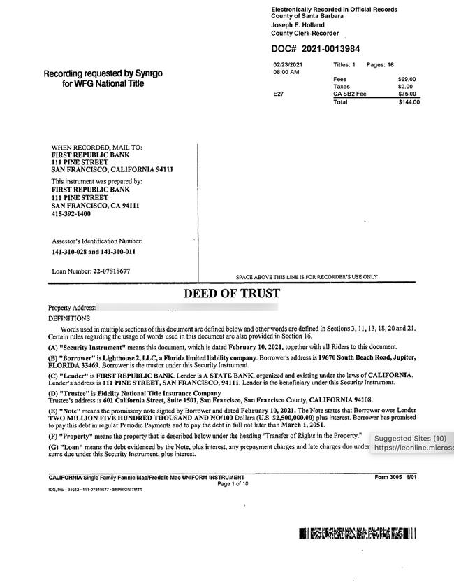 Olivia transferred ownership of her ranch to husband John Easterling, who refinanced the mortgage with $2.5m left on the home.