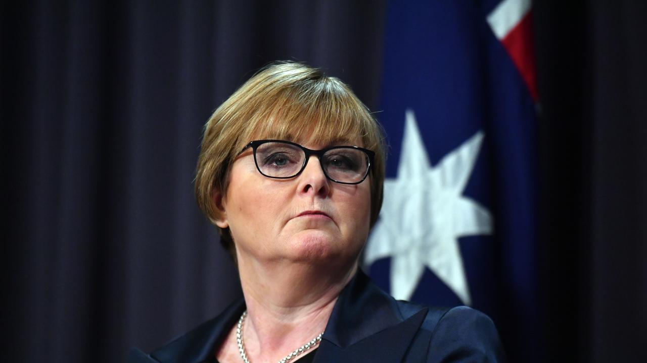 Minister for Defence Linda Reynolds at a press conference this morning, revealing that a state-based cyber attack had targeted Australian government and businesses. Picture: Mick Tsikas/AAP